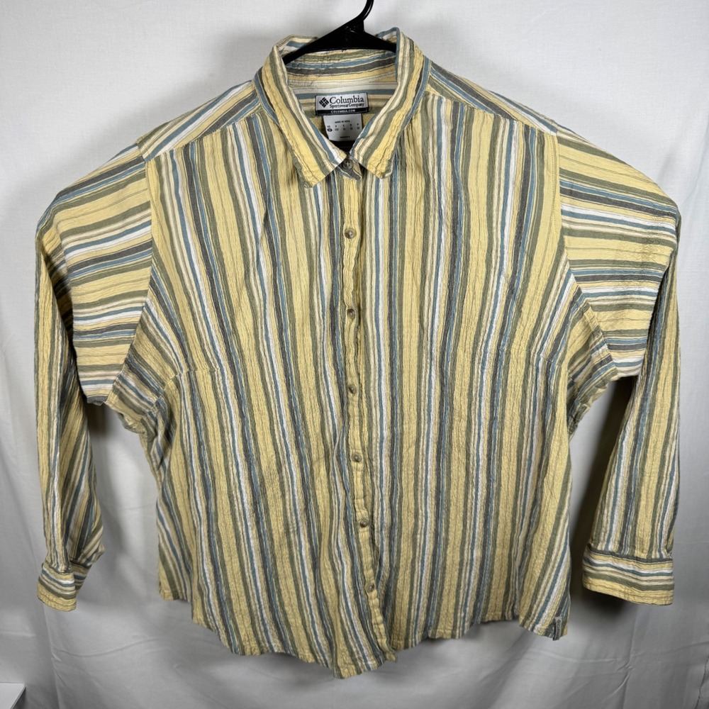 Columbia Button Up Shirt Womens 1X Yellow Blue Striped Long Sleeve Seersucker